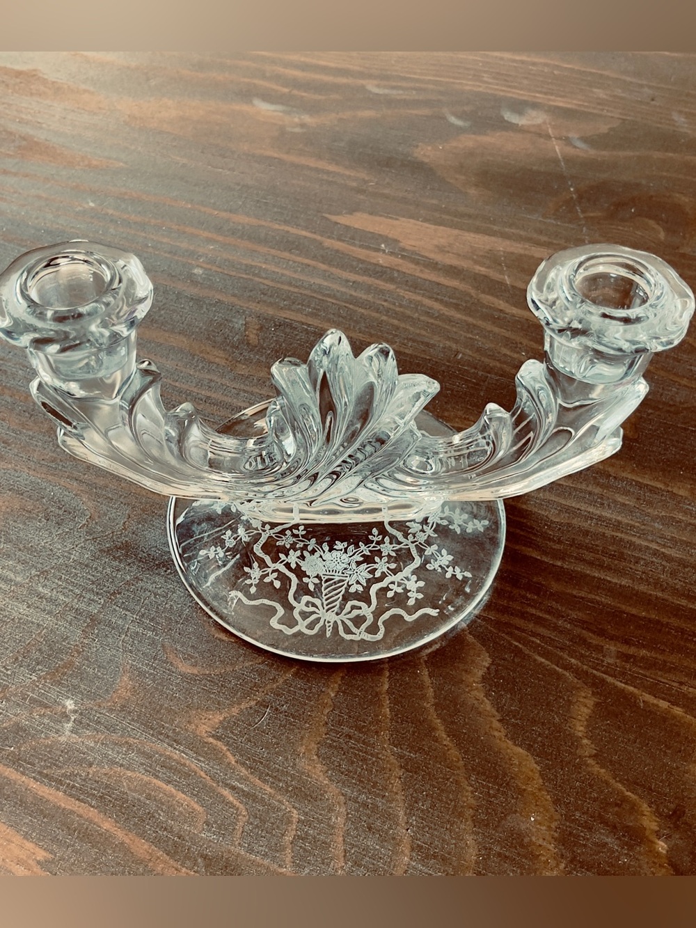 Fostoria Clear Glass Double-Arm Baroque Candle Holder with Etched Floral Base